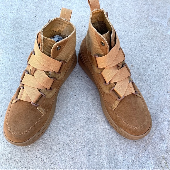 New Camel Brown Vegan Suede Velcro Tie High Top Boots - Picture 7 of 7